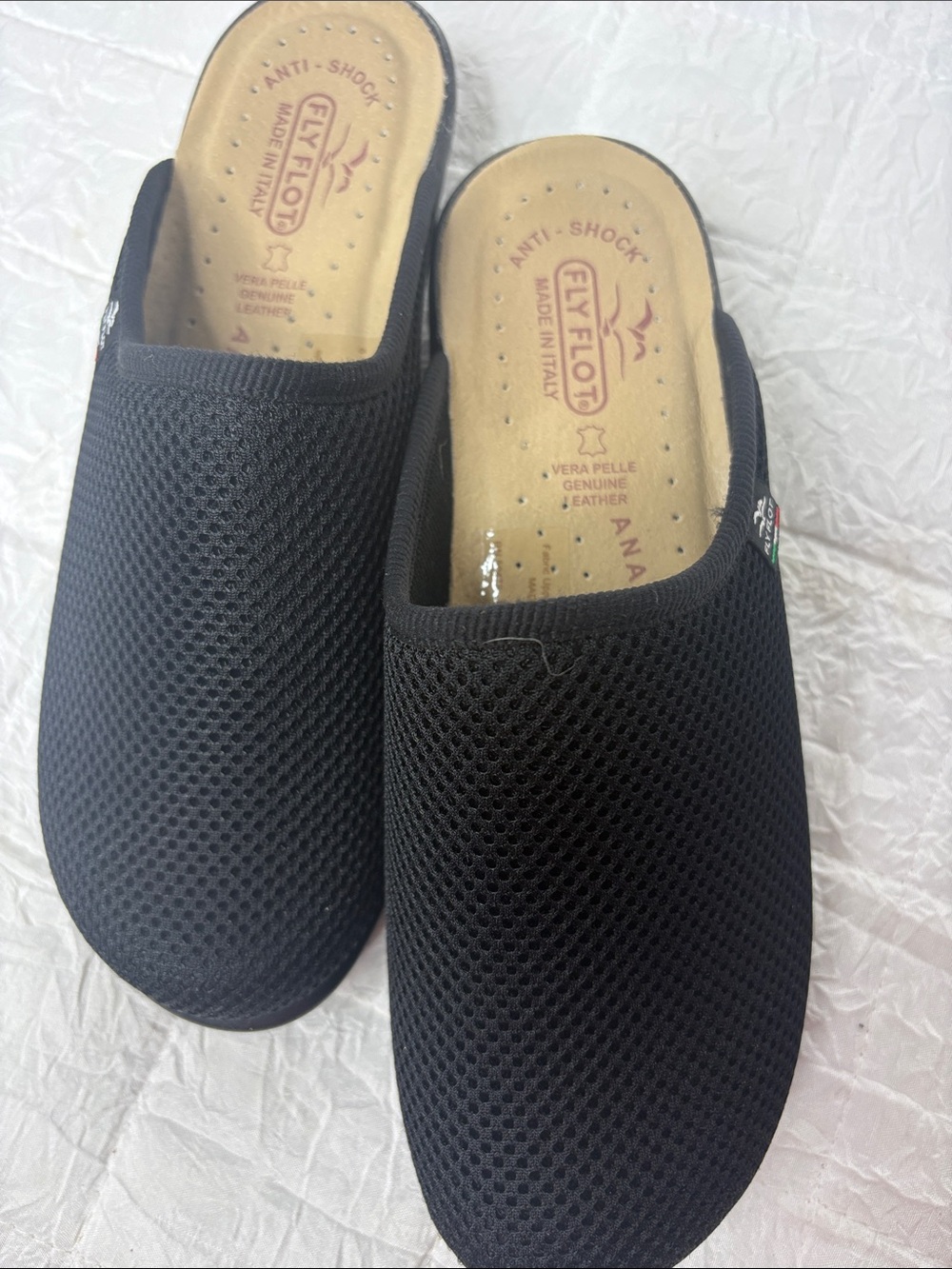 Fly Flot Italy Comfort Clogs Black Mesh Anatomic Slippers EU 40 US 9